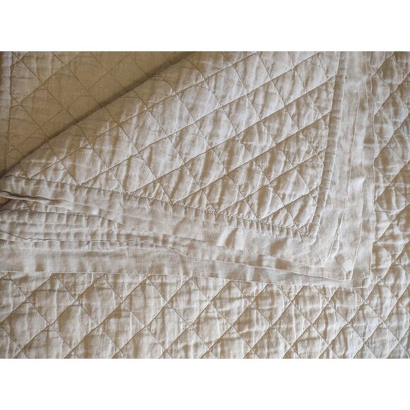 Pottery Barn Belgian Flax Linen Diamond Queen Full Quilt Natural 86" x 92" - Picture 11 of 15